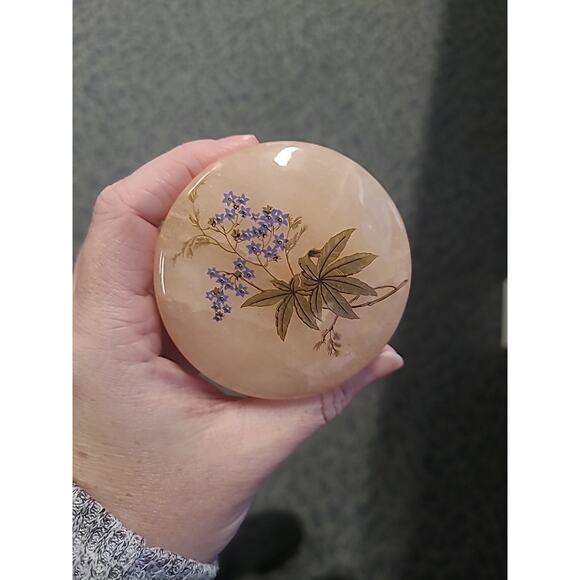 Vintage Pink Alabaster Ring Trinket Dish Box with Lid & Star Flowers - Picture 2 of 13